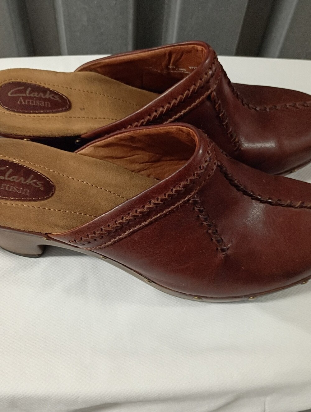 Clarks Brown Leather Slip-On Clog Mules